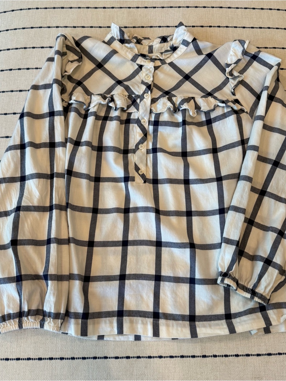J. Crew Navy and White Windowpane Ruffle Blouse